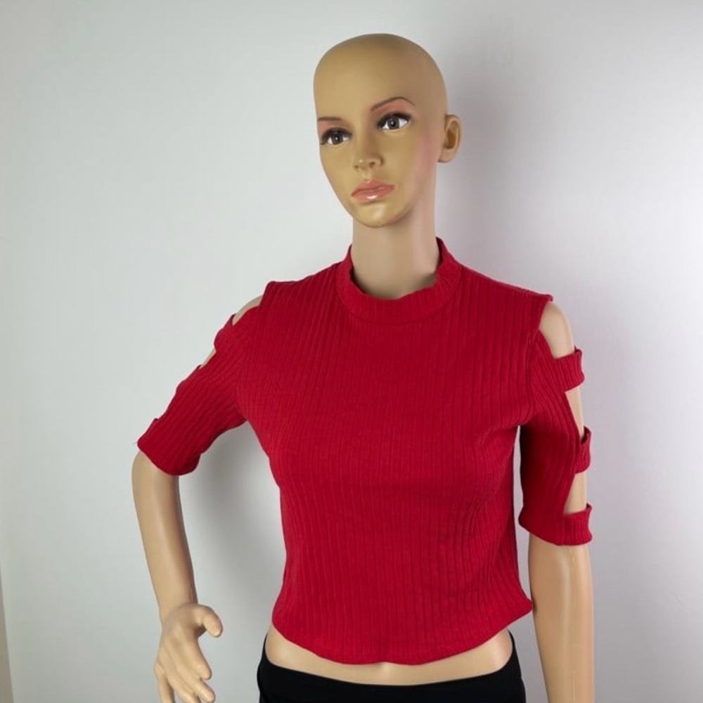 Red Cut-Out Sleeve Ribbed Mockneck Knit Blouse Top